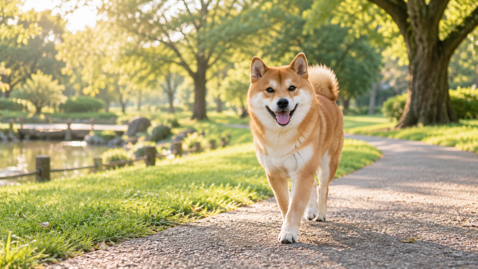 ChatGPTで描いた公園を歩く柴犬(写実)