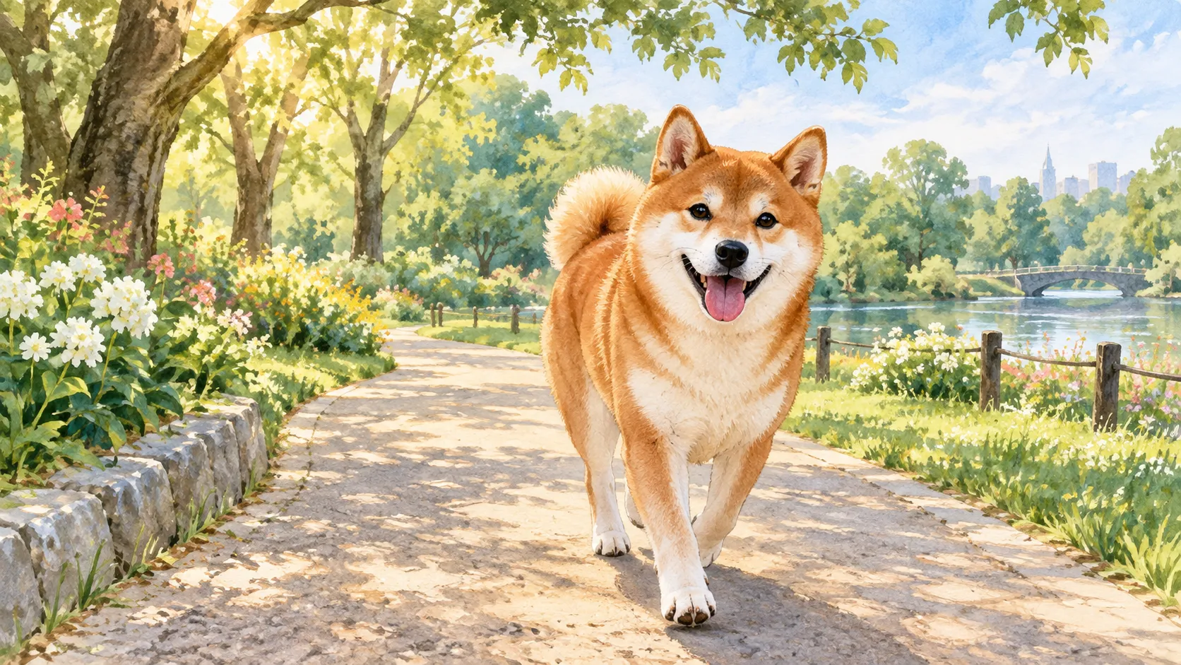 ChatGPTで描いた公園を歩く柴犬(水彩イラスト)