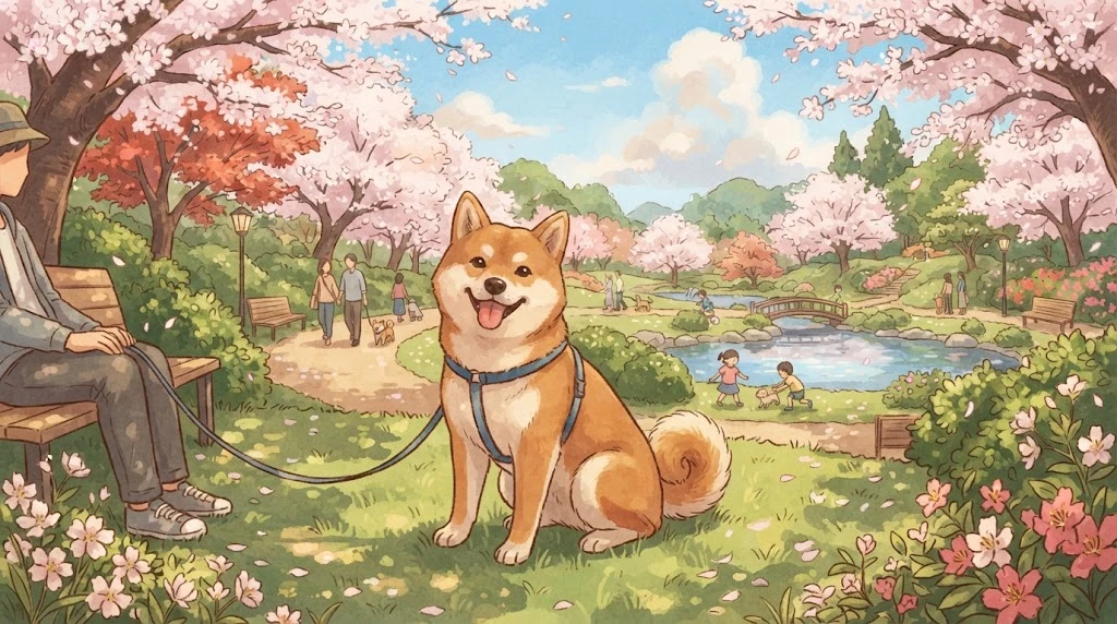 Geminiで描いた桜の公園に座る柴犬(イラスト)