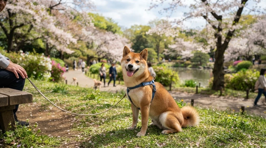 Geminiで描いた桜の公園に座る柴犬(写実)