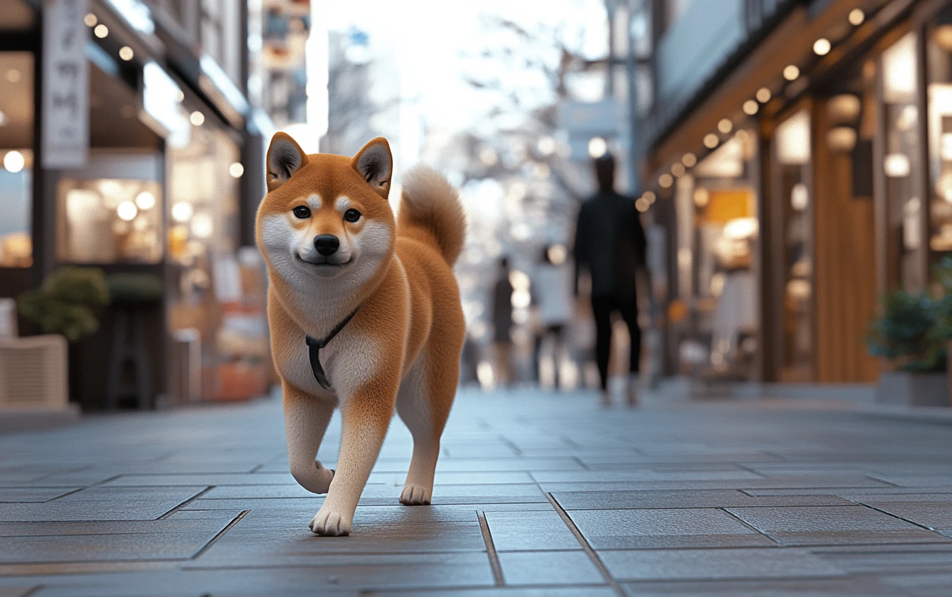 Midjourneyで描いた街を歩く柴犬(写実)